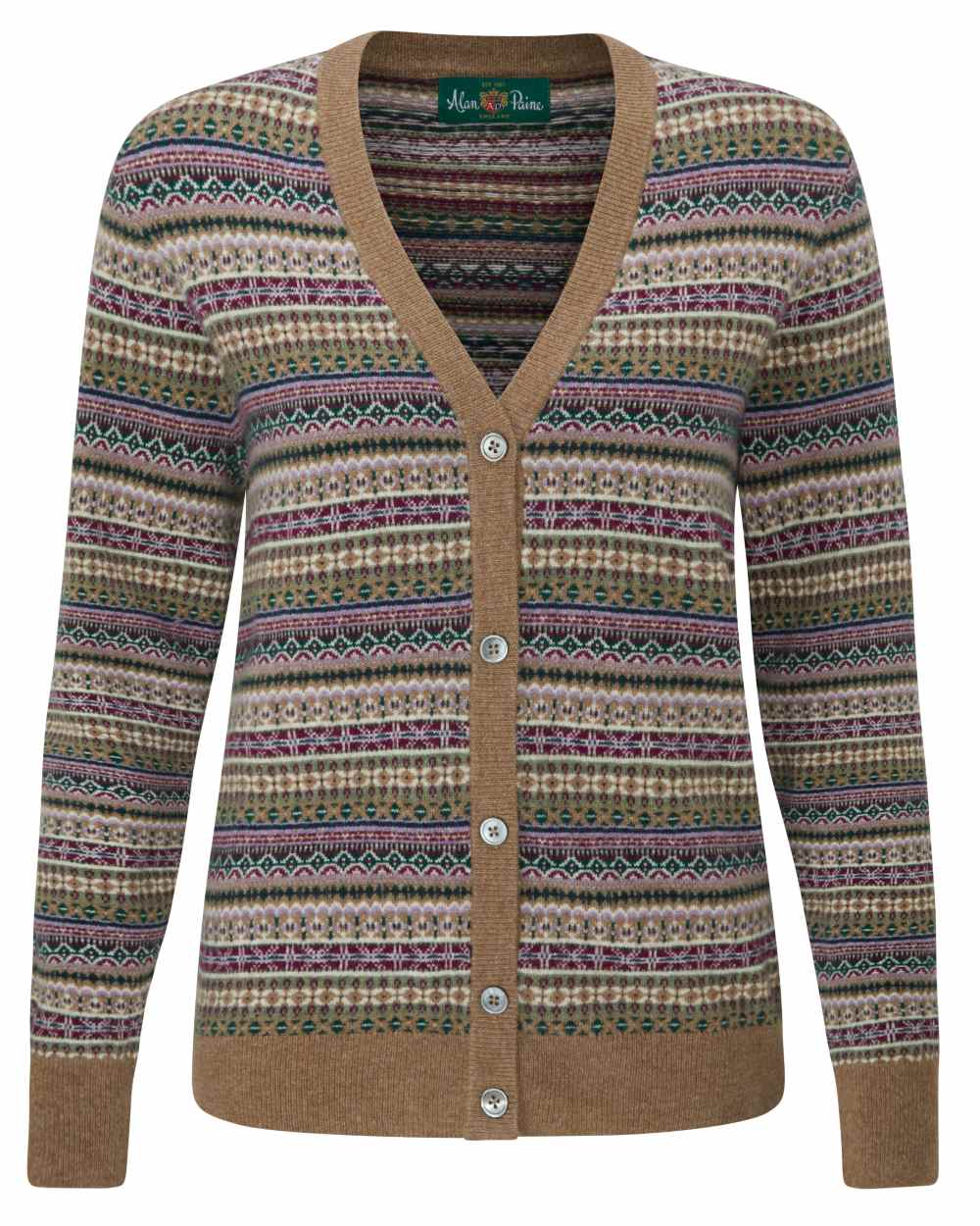 Pecan coloured Alan Paine Ladies Evelyn Vee Fairisle Cardigan on white background