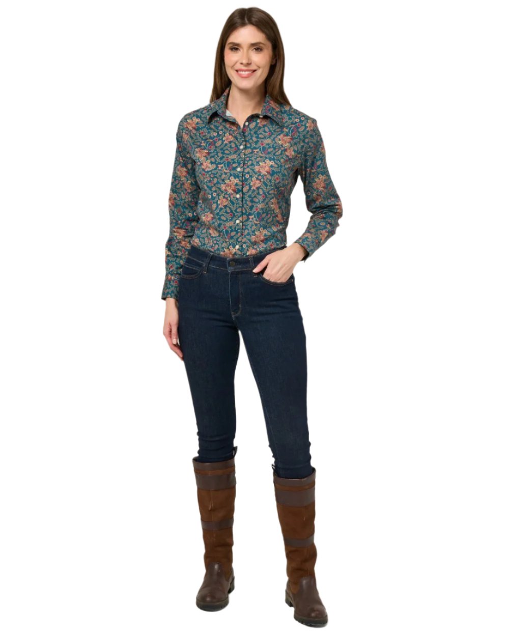 Blue Floral coloured Alan Paine Ladies Lawen Printed Shirt on white background