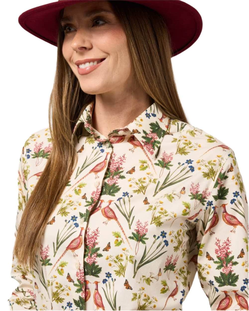 Cream Floral coloured Alan Paine Ladies Lawen Printed Shirt on white background