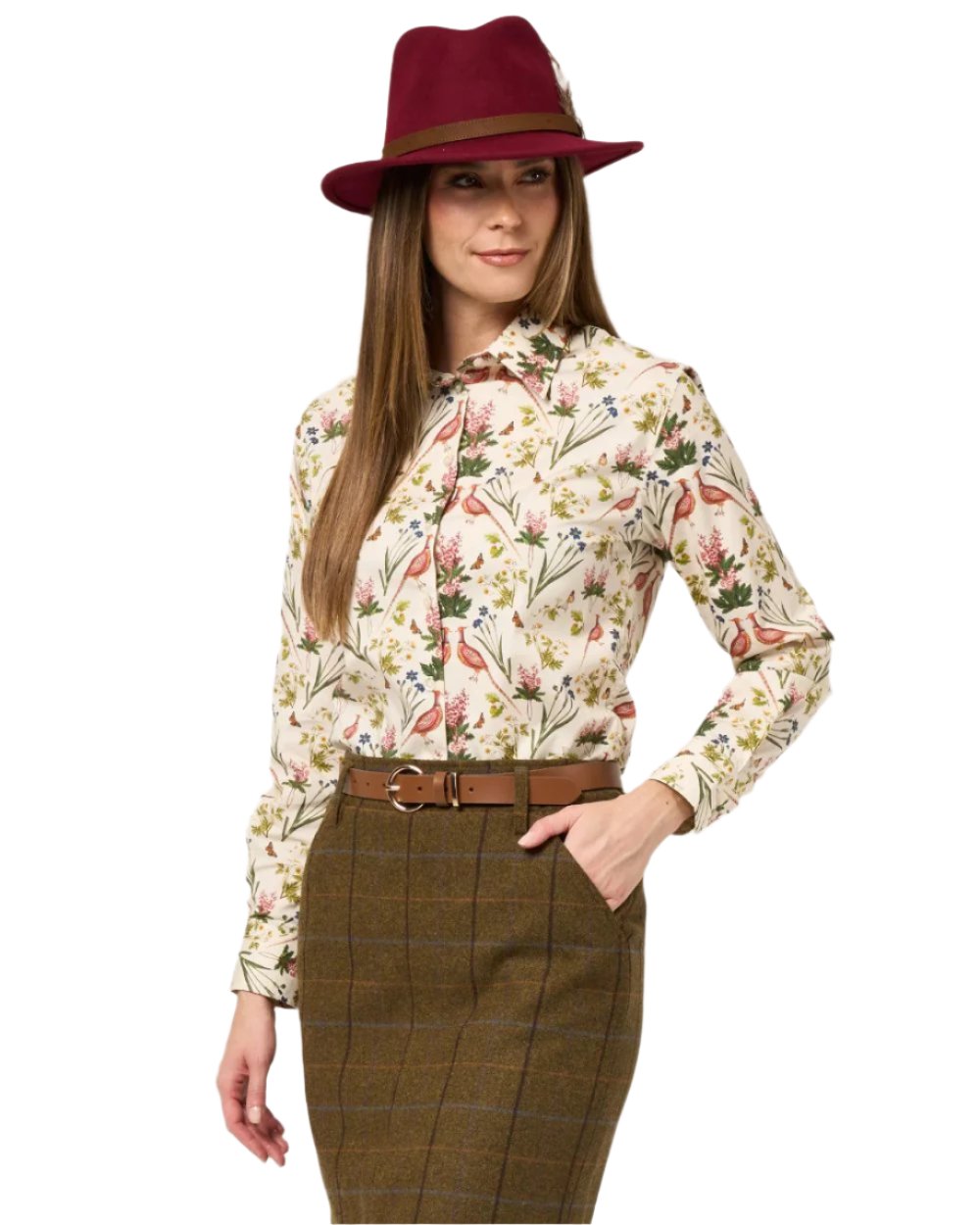 Cream Floral coloured Alan Paine Ladies Lawen Printed Shirt on white background