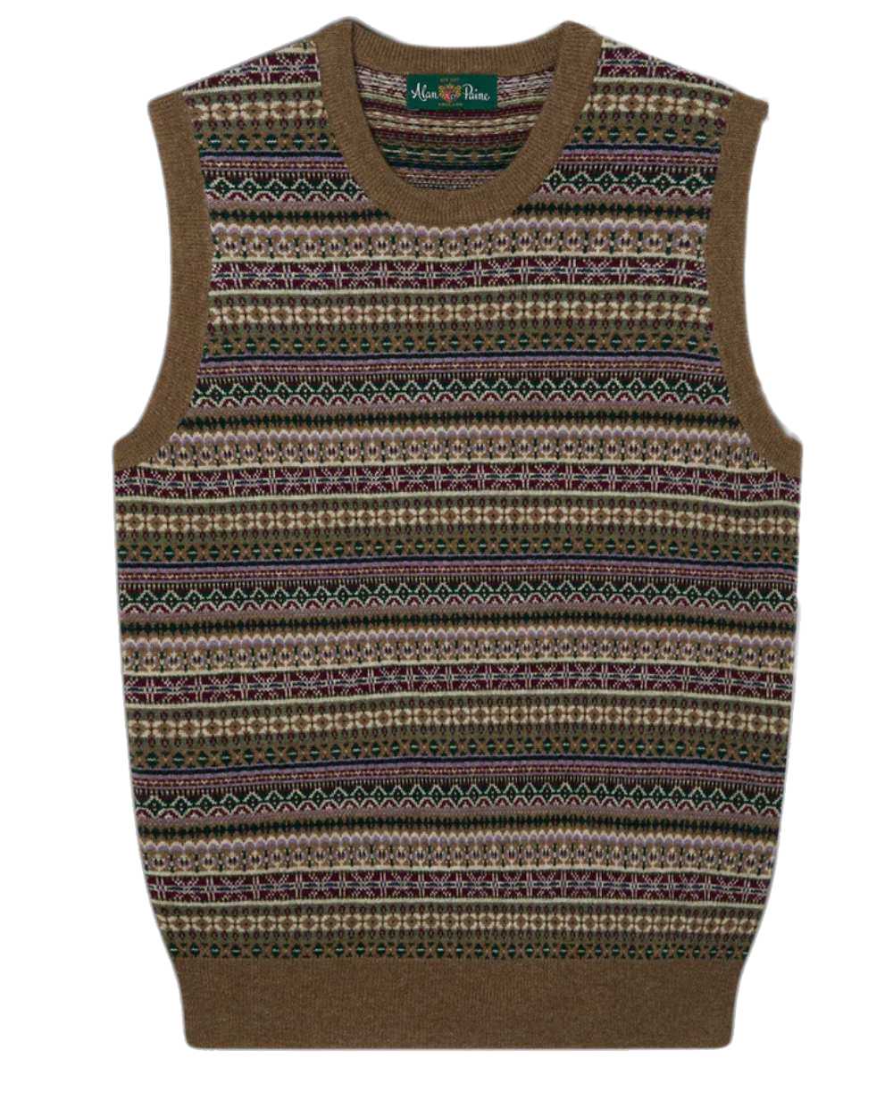 Pecan coloured Alan Paine Ladies Mae Fairisle Crew Tank Jumper on white background
