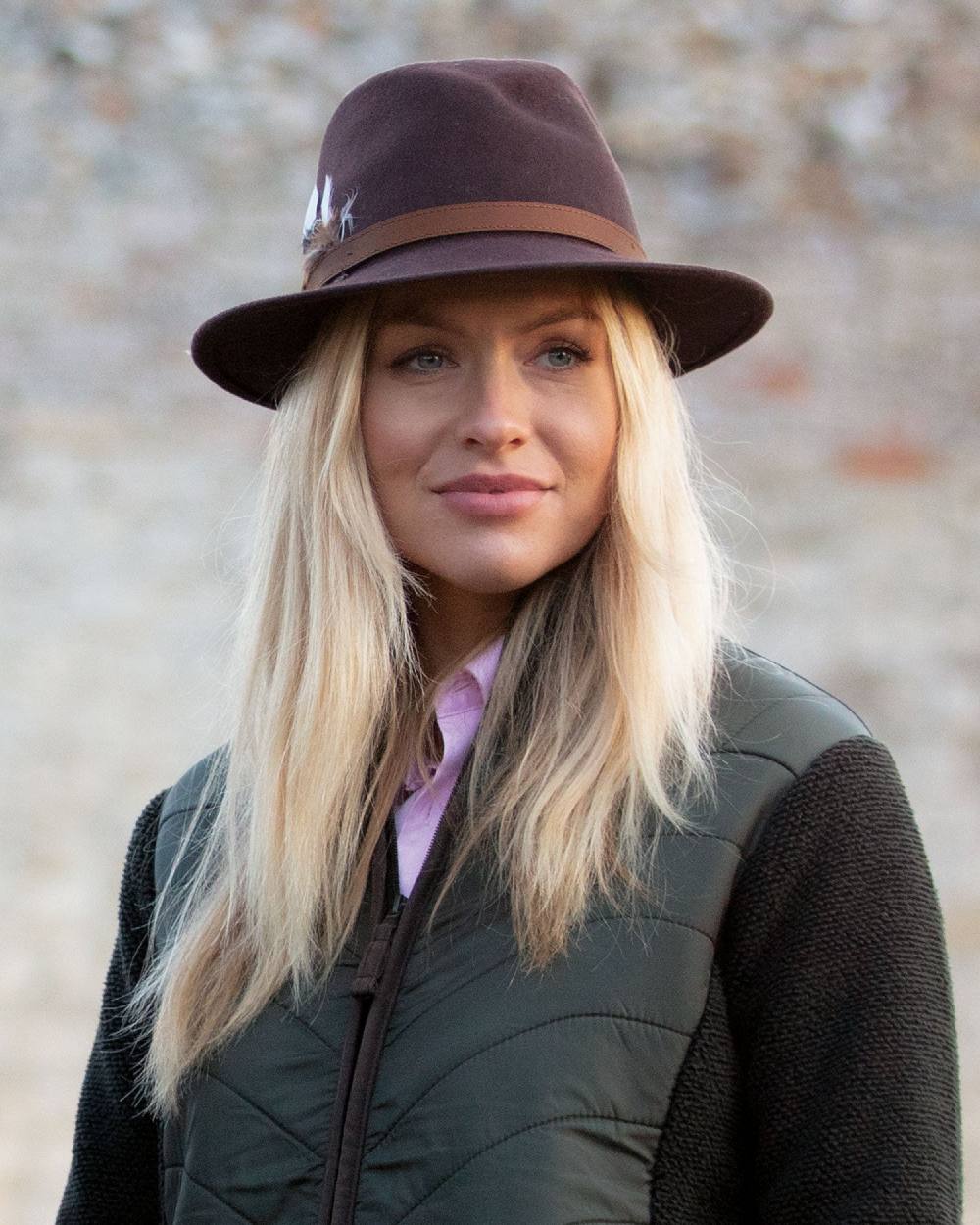 Brown coloured Alan Paine Ladies Richmond Felt Hat on blurry background