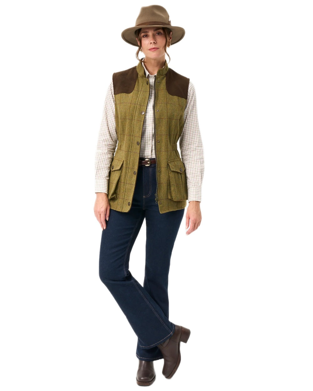 Lichen coloured Alan Paine Ladies Rutland Tweed Gilet on white background