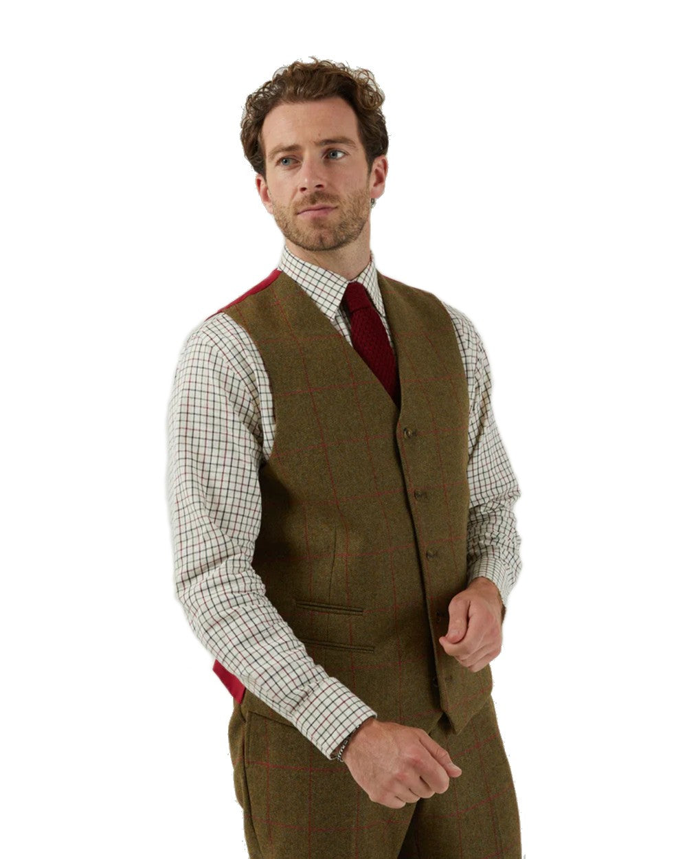 Sage coloured Alan Paine Mens Combrook Tweed Lined Back Waistcoat on white background