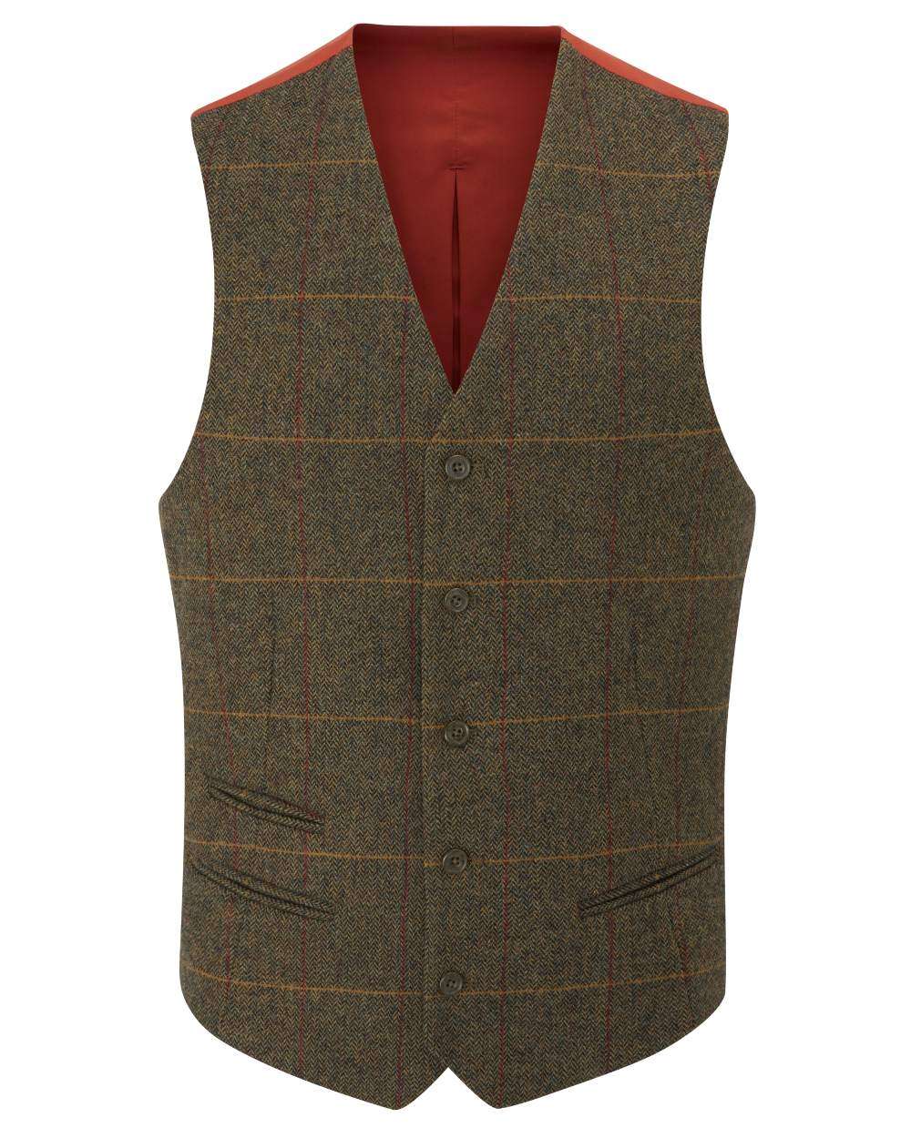 Teak coloured Alan Paine Mens Combrook Tweed Lined Back Waistcoat on white background