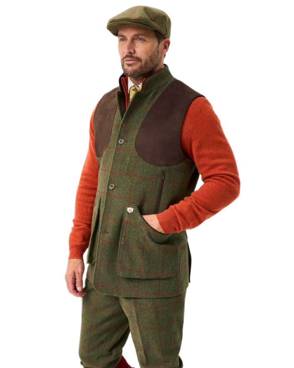 Reed coloured Alan Paine Mens Combrook Tweed Shooting Gilet on white background