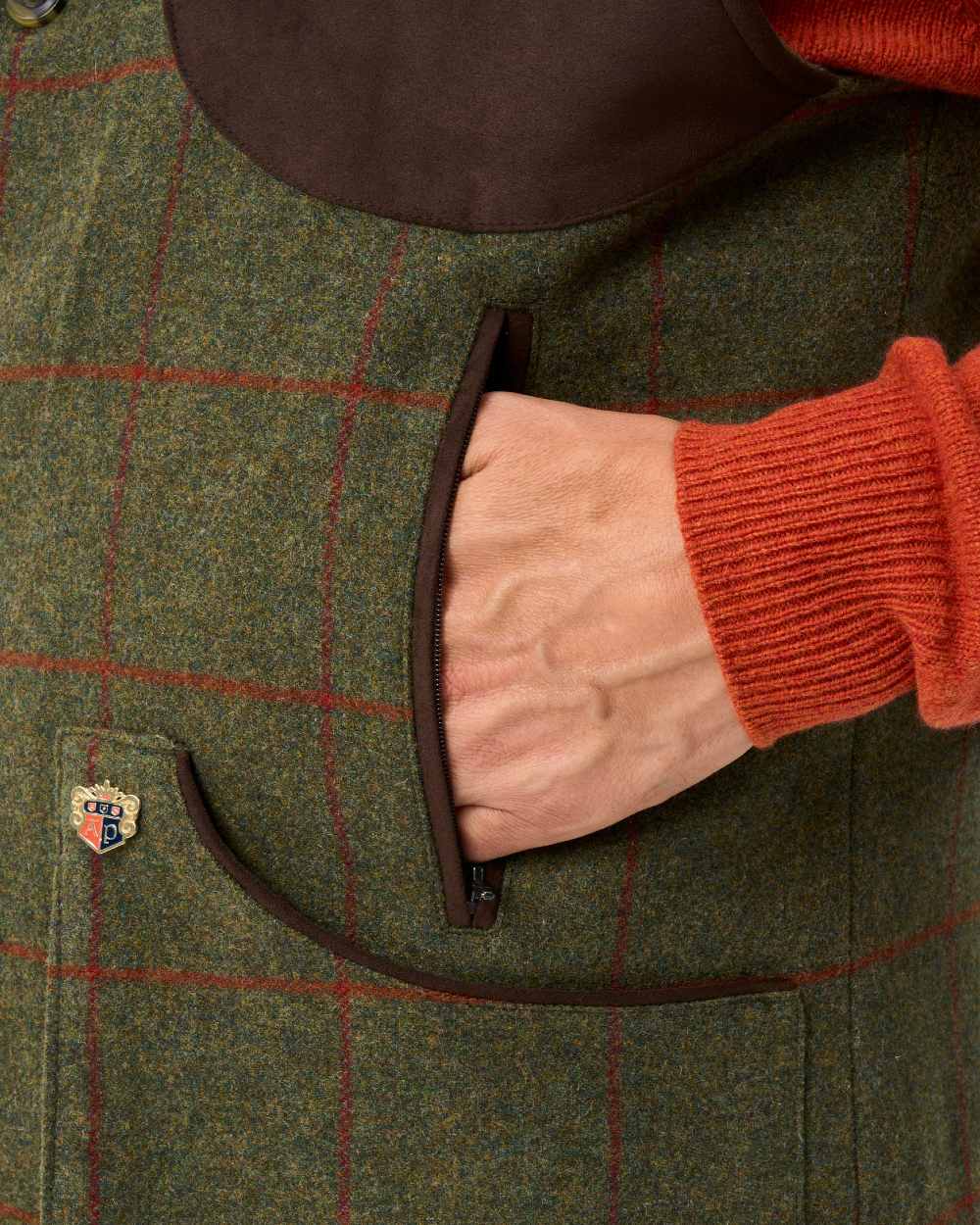 Reed coloured Alan Paine Mens Combrook Tweed Shooting Gilet on white background
