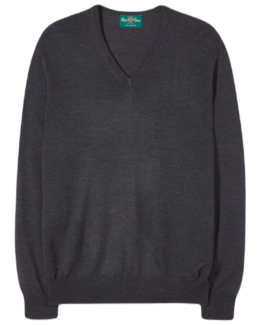 Charcoal coloured Alan Paine Mens Millbreck Merino Wool V-Neck Jumper on white background