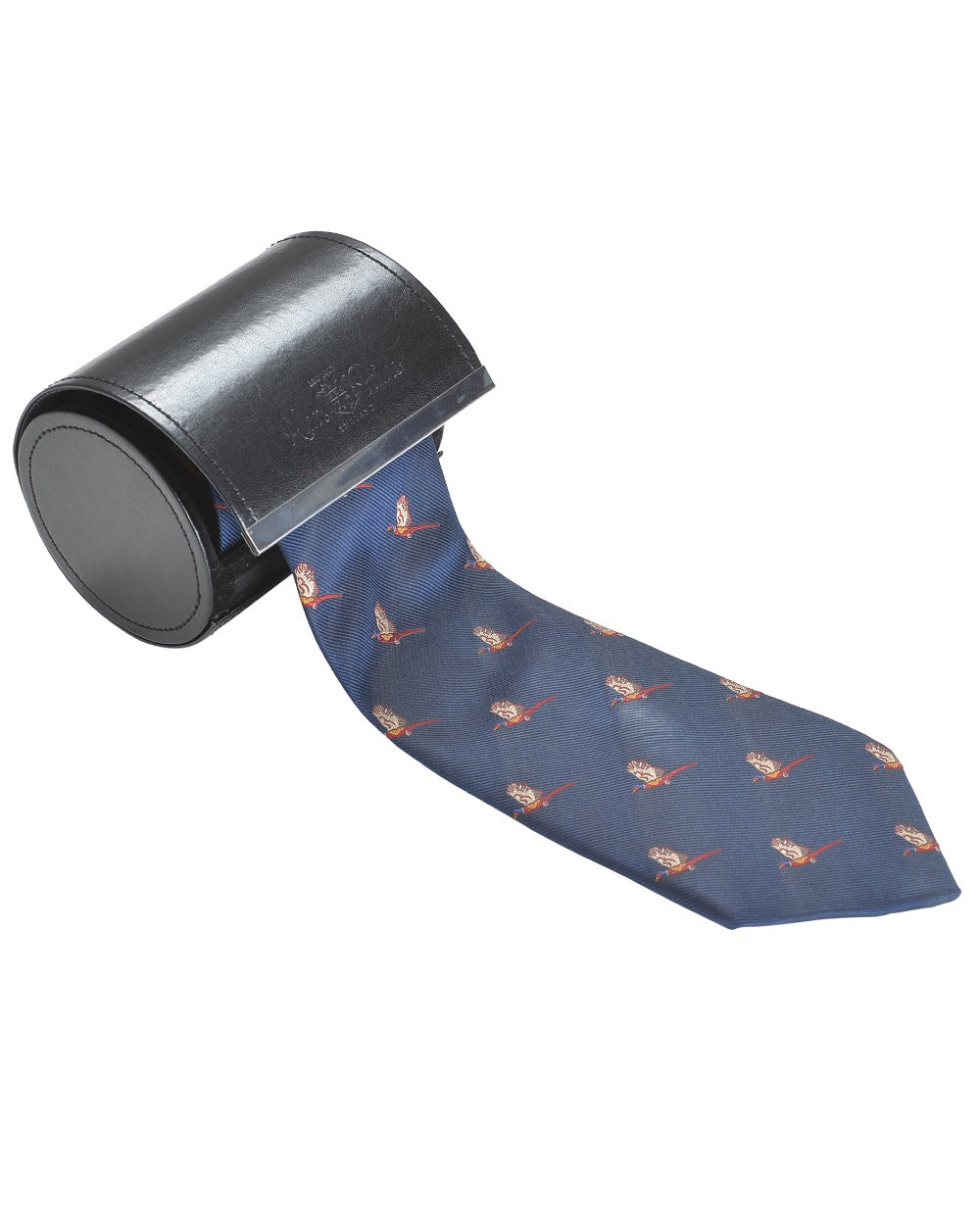 Navy coloured Alan Paine Ripon Silk Tie Flying Pheasants on white background