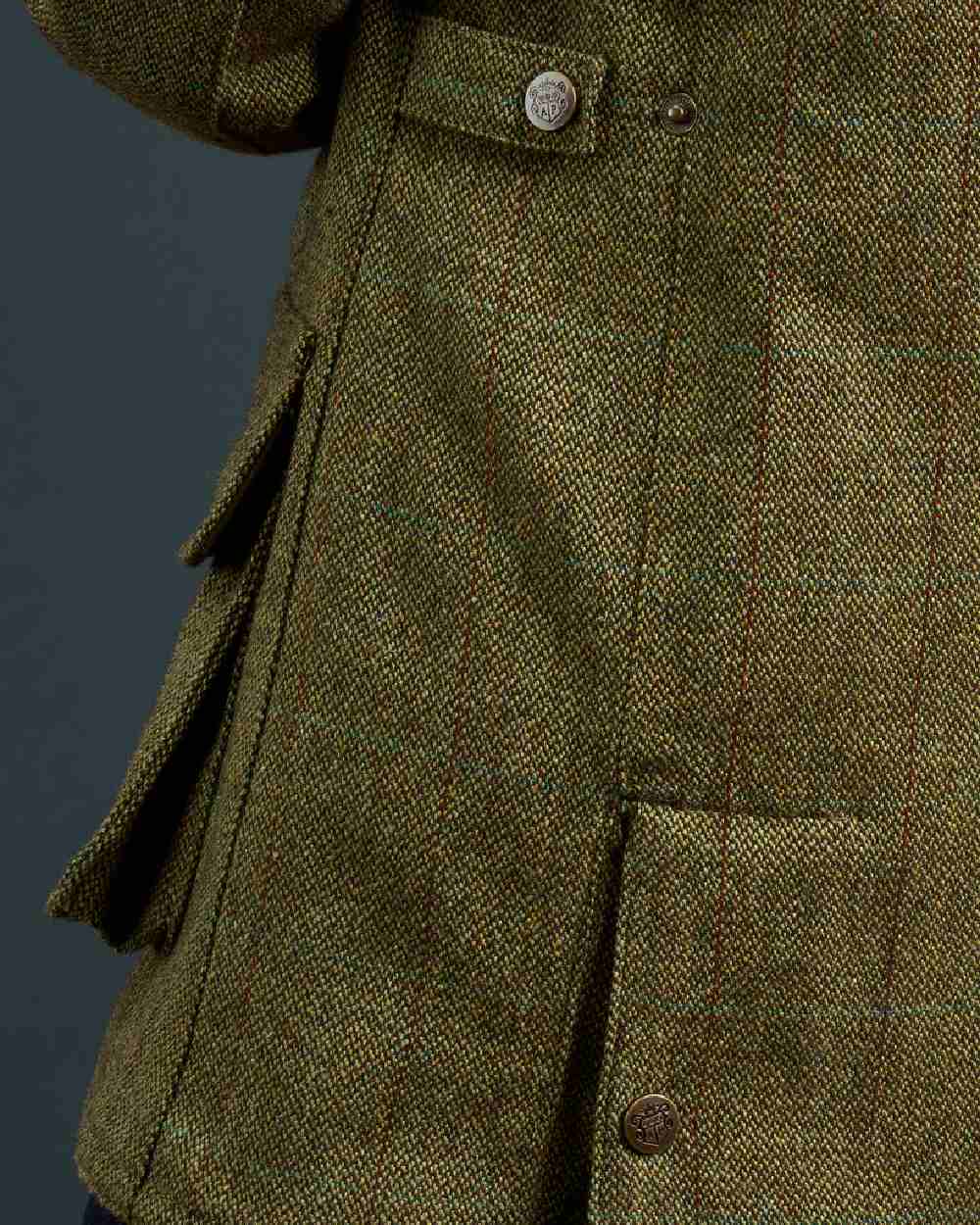 Hemp coloured Alan Paine Rutland Ladies Waterproof Tweed Jacket on indoor background