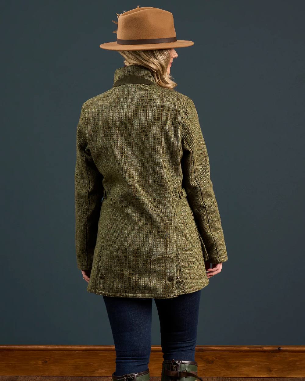 Hemp coloured Alan Paine Rutland Ladies Waterproof Tweed Jacket on indoor background