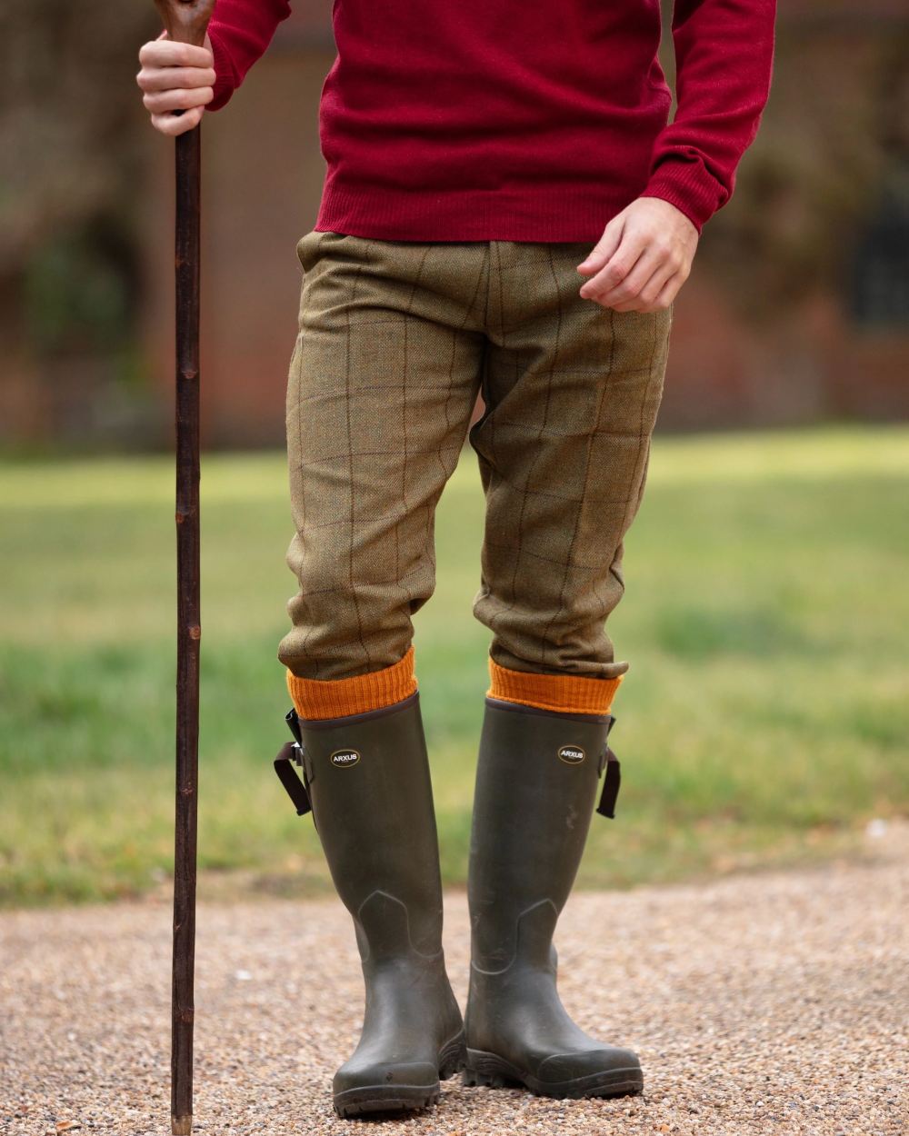 Lichen coloured Alan Paine Rutland Tweed Breeks on blurry background