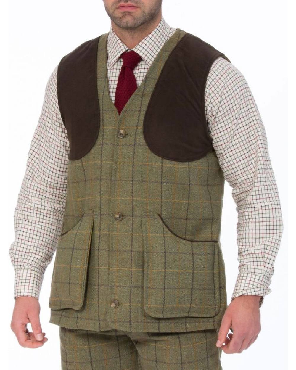 Dark Moss coloured Alan Paine Rutland Tweed Shooting Waistcoat on white background