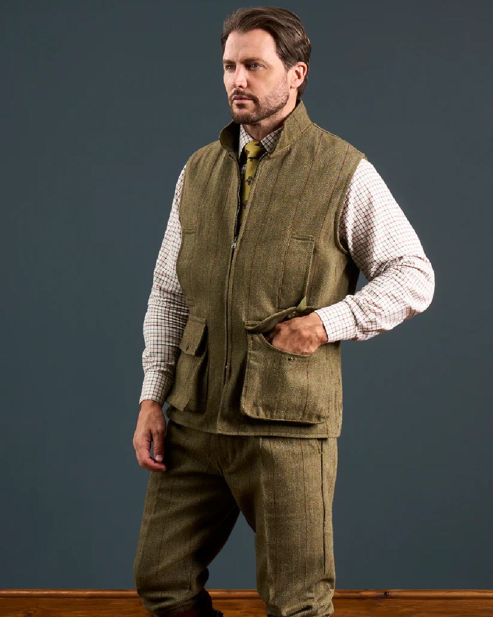 Oak coloured Alan Paine Rutland Tweed Waistcoat on indoor background