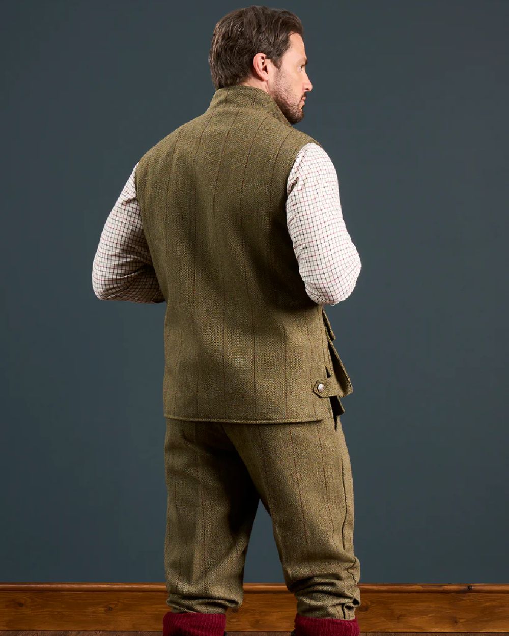 Oak coloured Alan Paine Rutland Tweed Waistcoat on indoor background