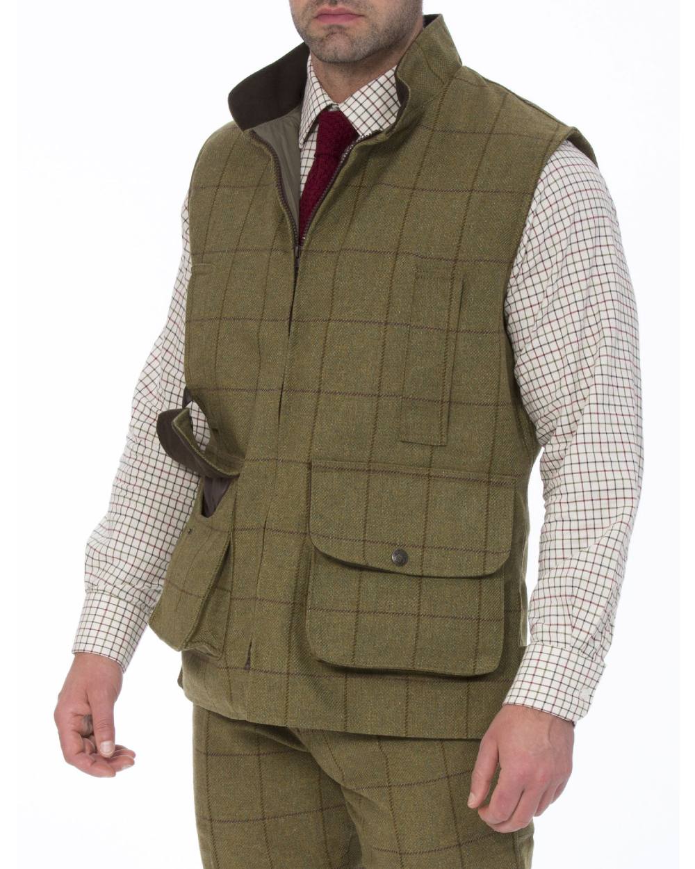 Dark Moss coloured Alan Paine Rutland Tweed Waistcoat on white background