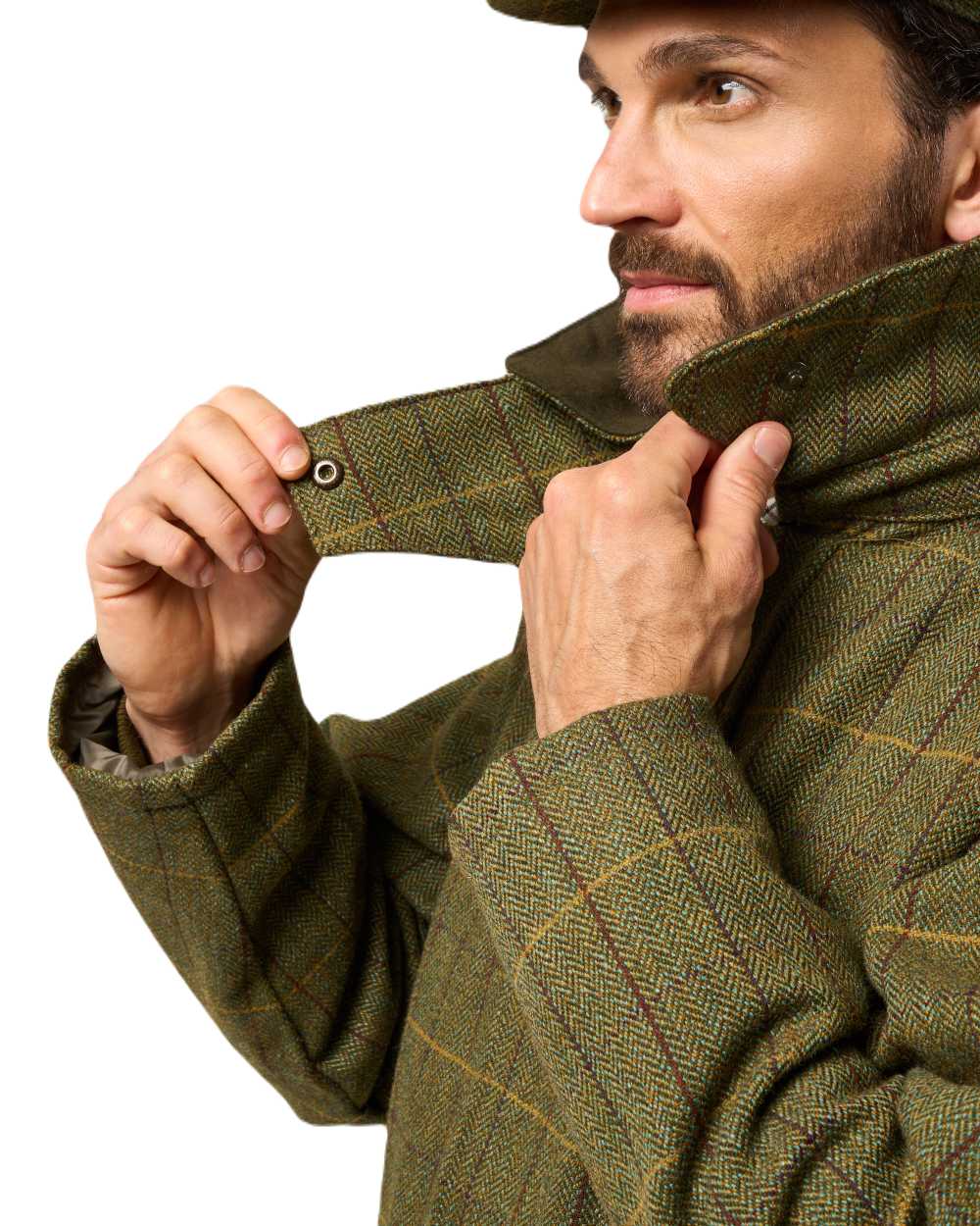 Green Ash coloured Alan Paine Rutland Waterproof Tweed Shooting Coat on white background