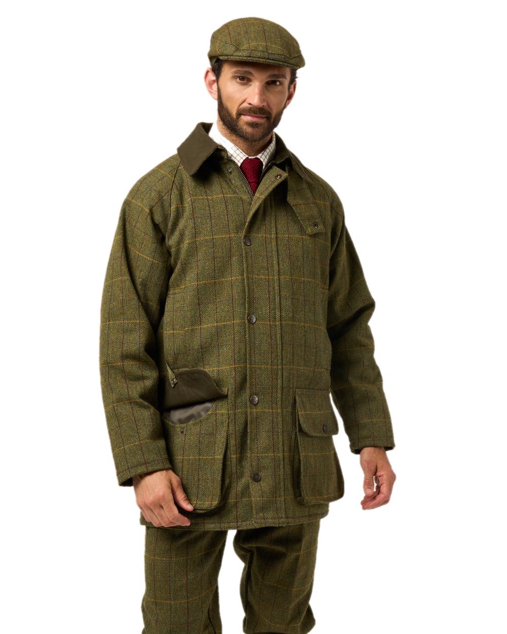 Green Ash coloured Alan Paine Rutland Waterproof Tweed Shooting Coat on white background