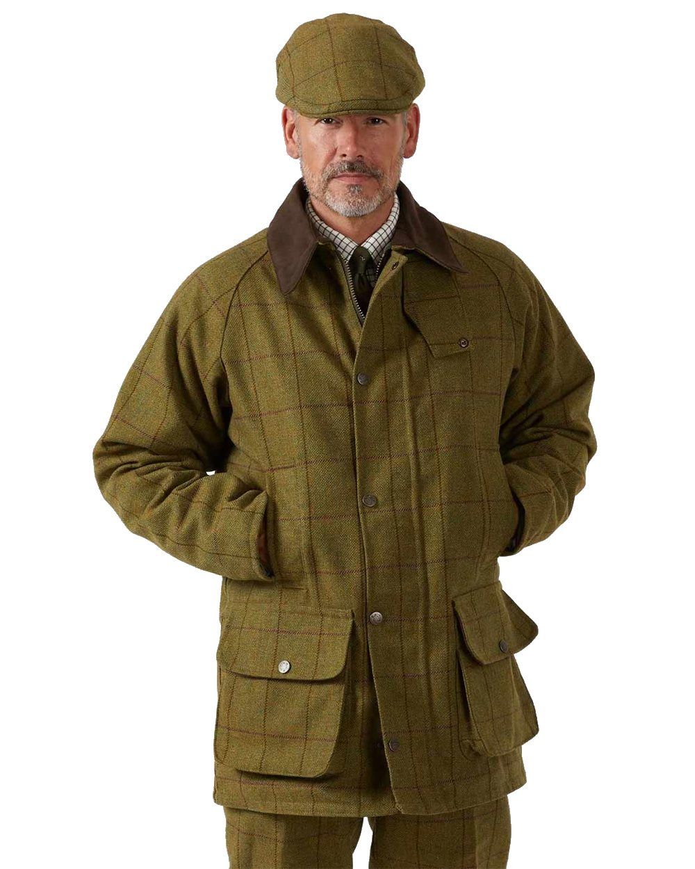 Lichen coloured Alan Paine Rutland Waterproof Tweed Shooting Coat on white background
