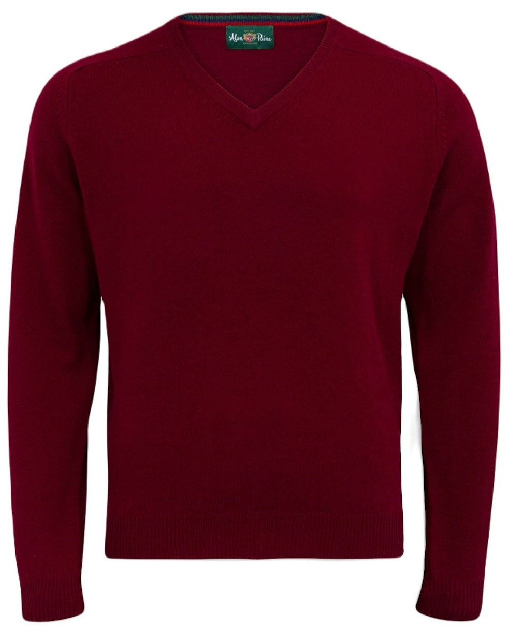 Bordeaux coloured Alan Paine Streetly Lambswool V Neck Jumper on white background