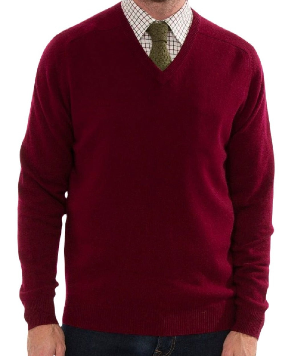 Bordeaux coloured Alan Paine Streetly Lambswool V Neck Jumper on white background
