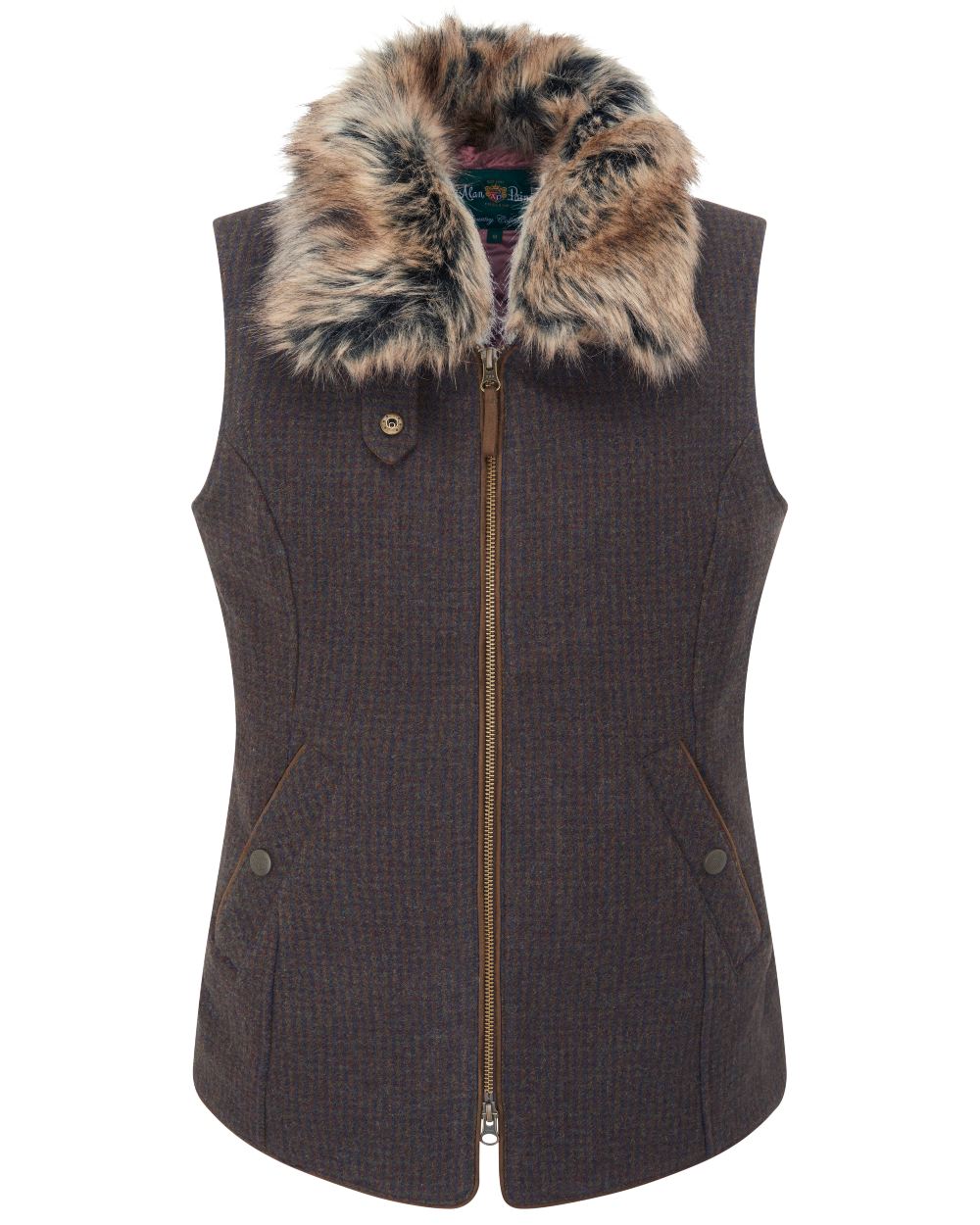 Bramble coloured Alan Paine Surrey Ladies Tweed Gilet on white background