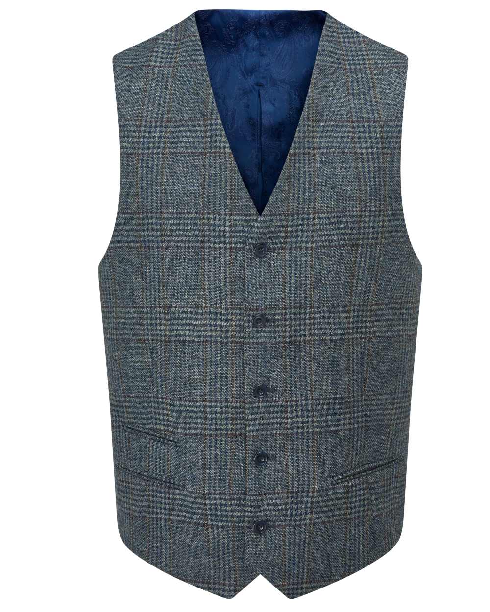 Blue Check Coloured Alan Paine Surrey Mens Tweed Lined Waistcoat on white background