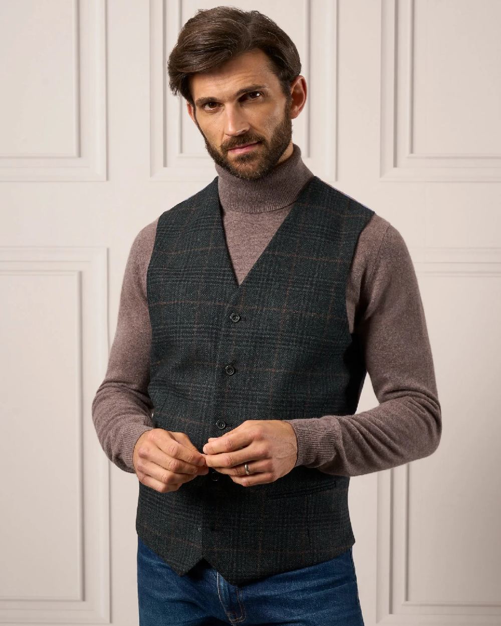 Green Check Coloured Alan Paine Surrey Mens Tweed Lined Waistcoat on wall background