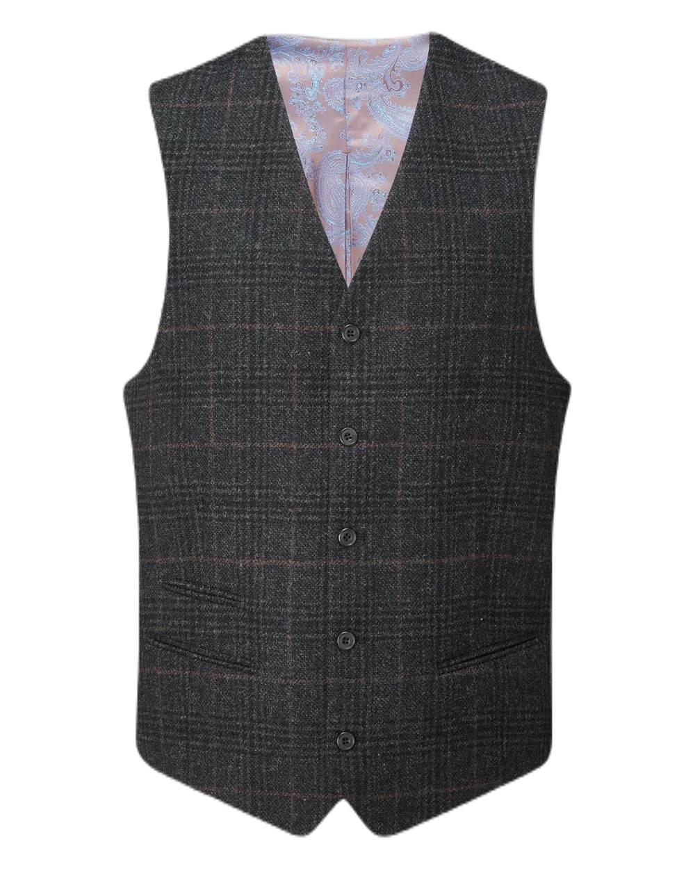 Green Check Coloured Alan Paine Surrey Mens Tweed Lined Waistcoat on white background