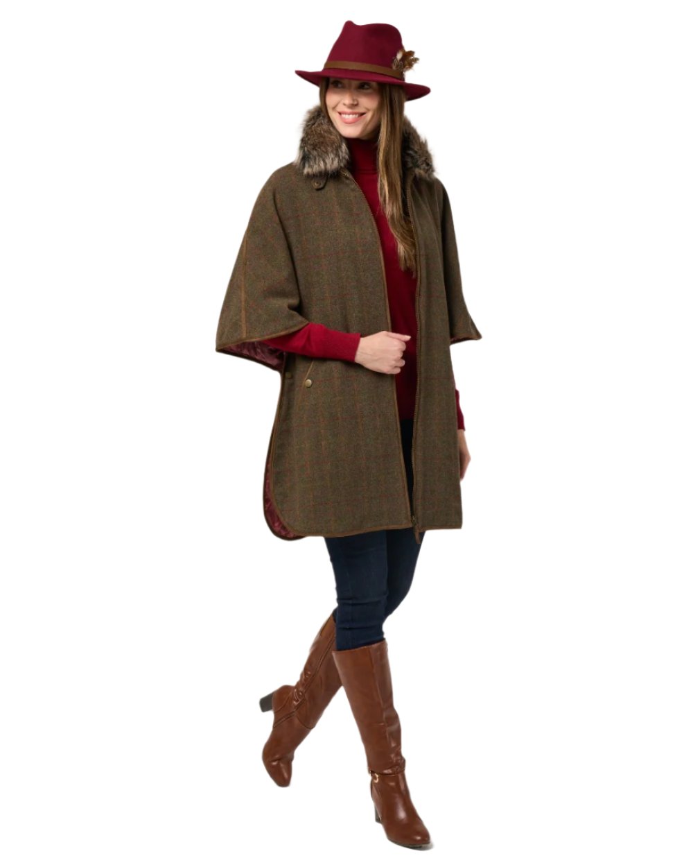 Hemlock coloured Alan Paine Womens Surrey Tweed Cape on white background