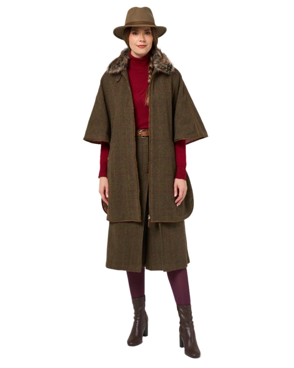 Hemlock coloured Alan Paine Womens Surrey Tweed Cape on white background