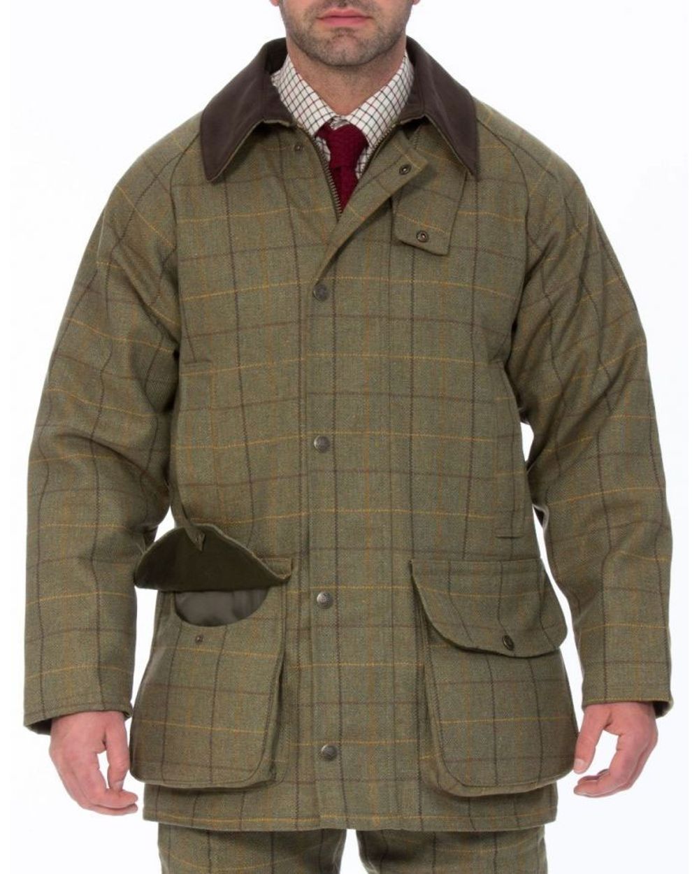 Dark Moss coloured Alan Paine Rutland Waterproof Tweed Shooting Coat on white background