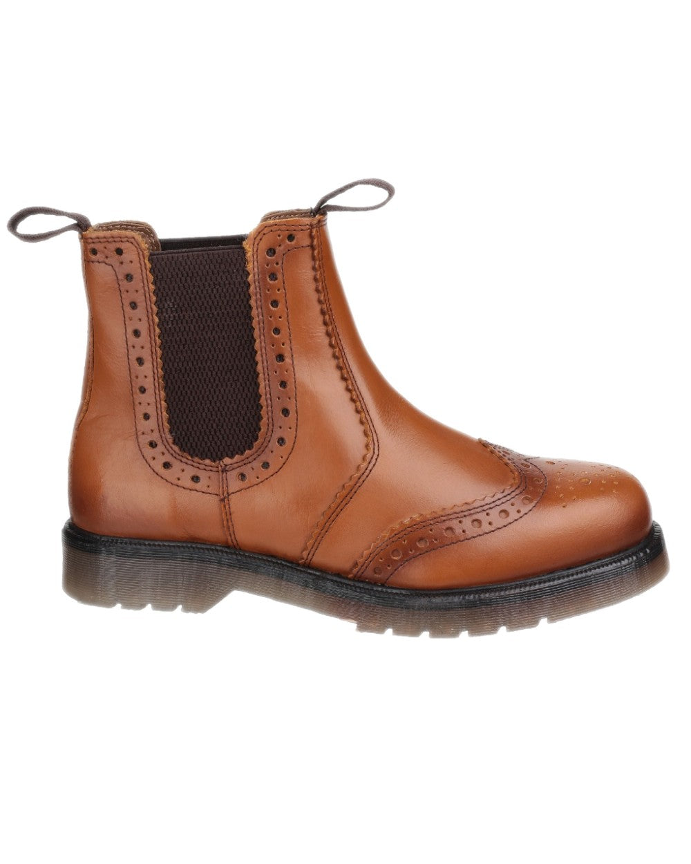 Tan coloured Amblers Mens Dalby Pull On Brogue Boots on white background