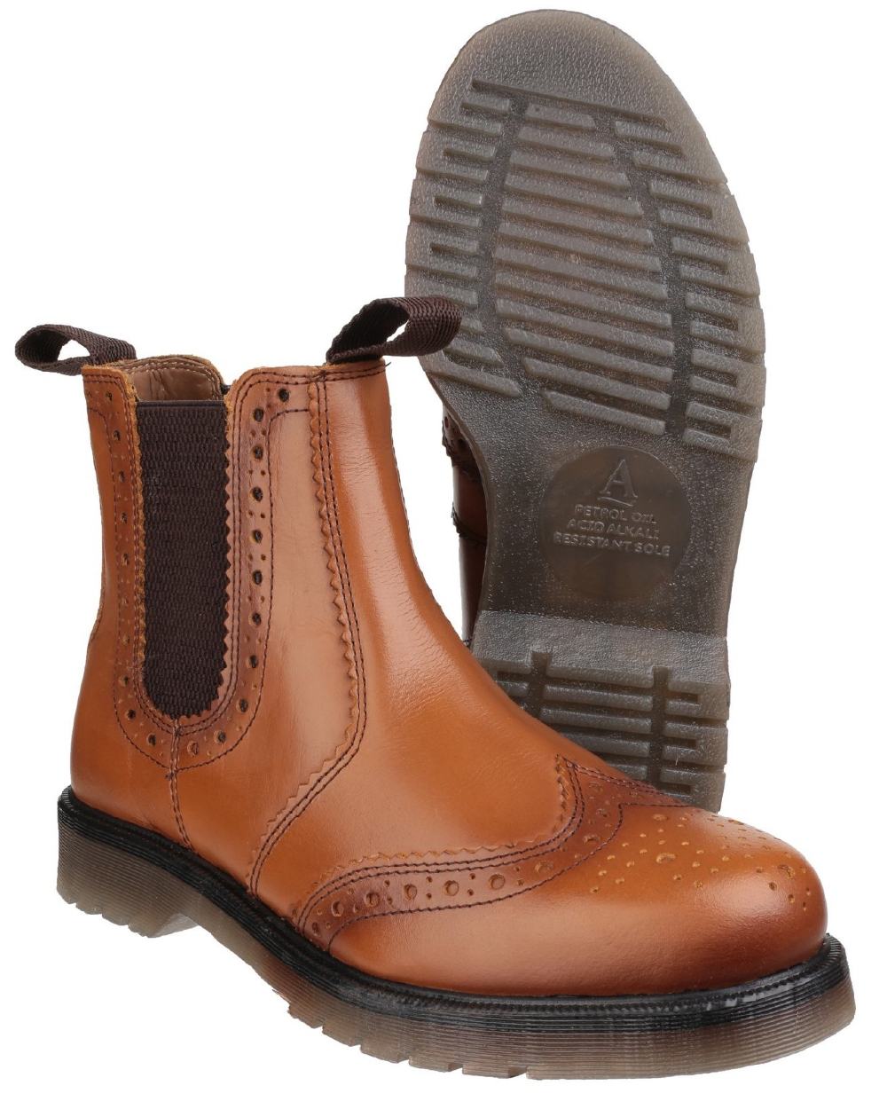 Tan coloured Amblers Mens Dalby Pull On Brogue Boots on white background