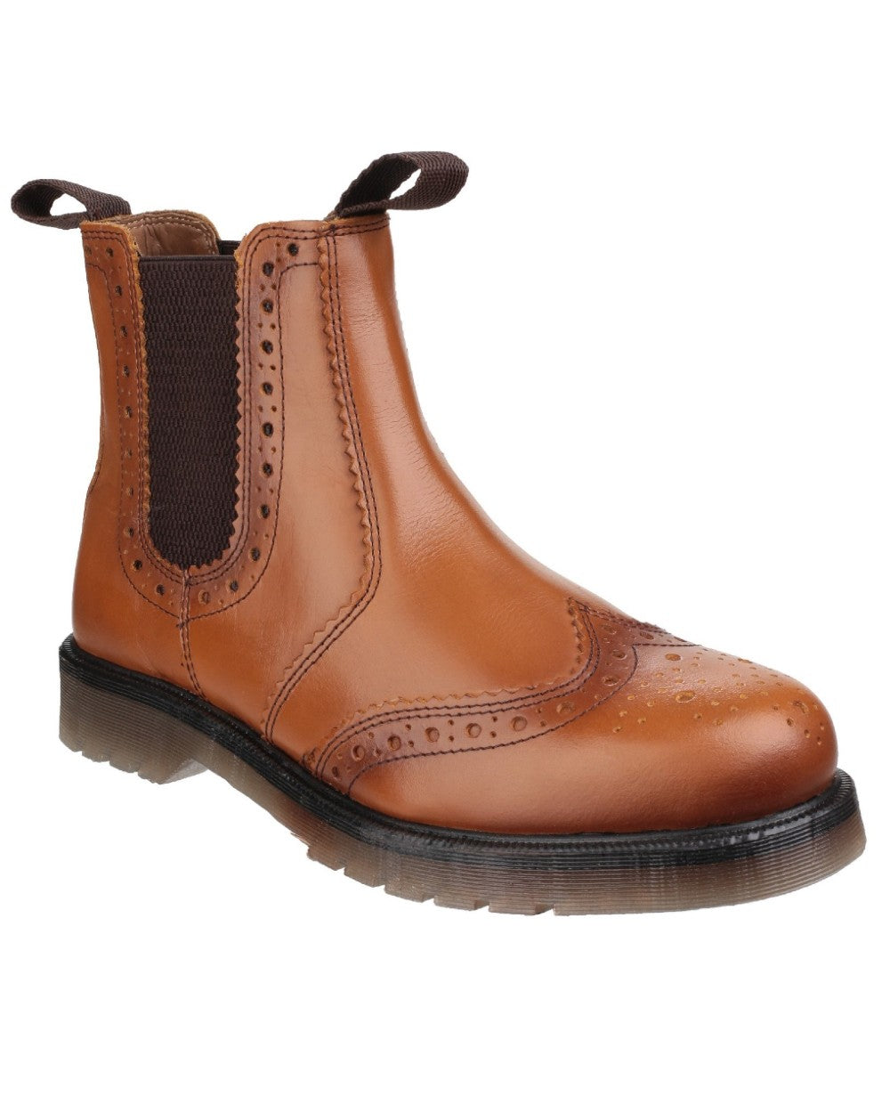 Tan coloured Amblers Mens Dalby Pull On Brogue Boots on white background