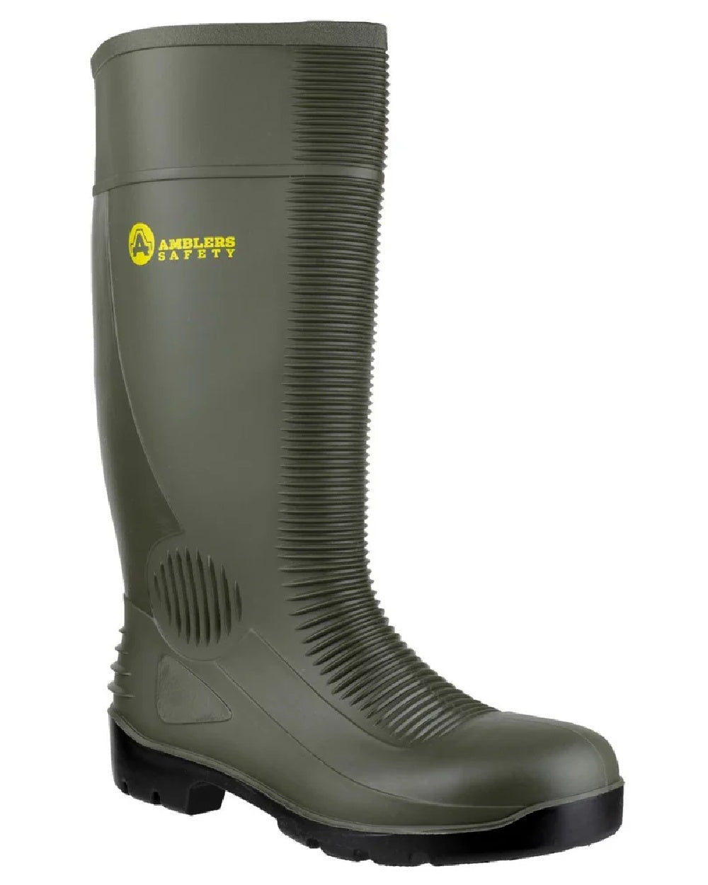 Green coloured Amblers Safety FS99 S5 SRA Safety Wellingtons on white background