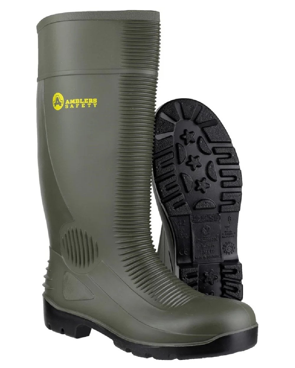 Green coloured Amblers Safety FS99 S5 SRA Safety Wellingtons on white background