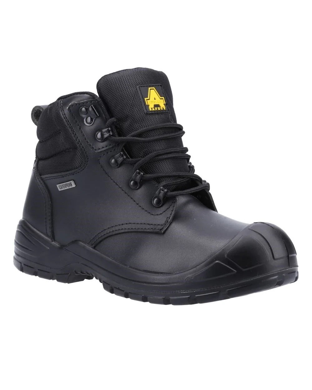Black coloured Amblers Safety Mens AS241 Waterproof S3 SRC Safety Boots on white background