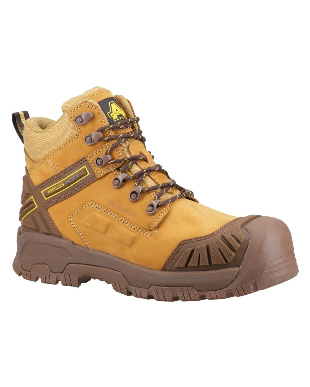 Honey coloured Amblers Safety Mens AS960C Ignite S7S SR Waterproof Safety Boots on white background