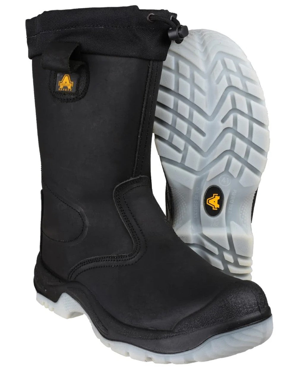 Black coloured Amblers Safety Mens FS209 Water Resistant S3 SRC Safety Rigger Boots on white background