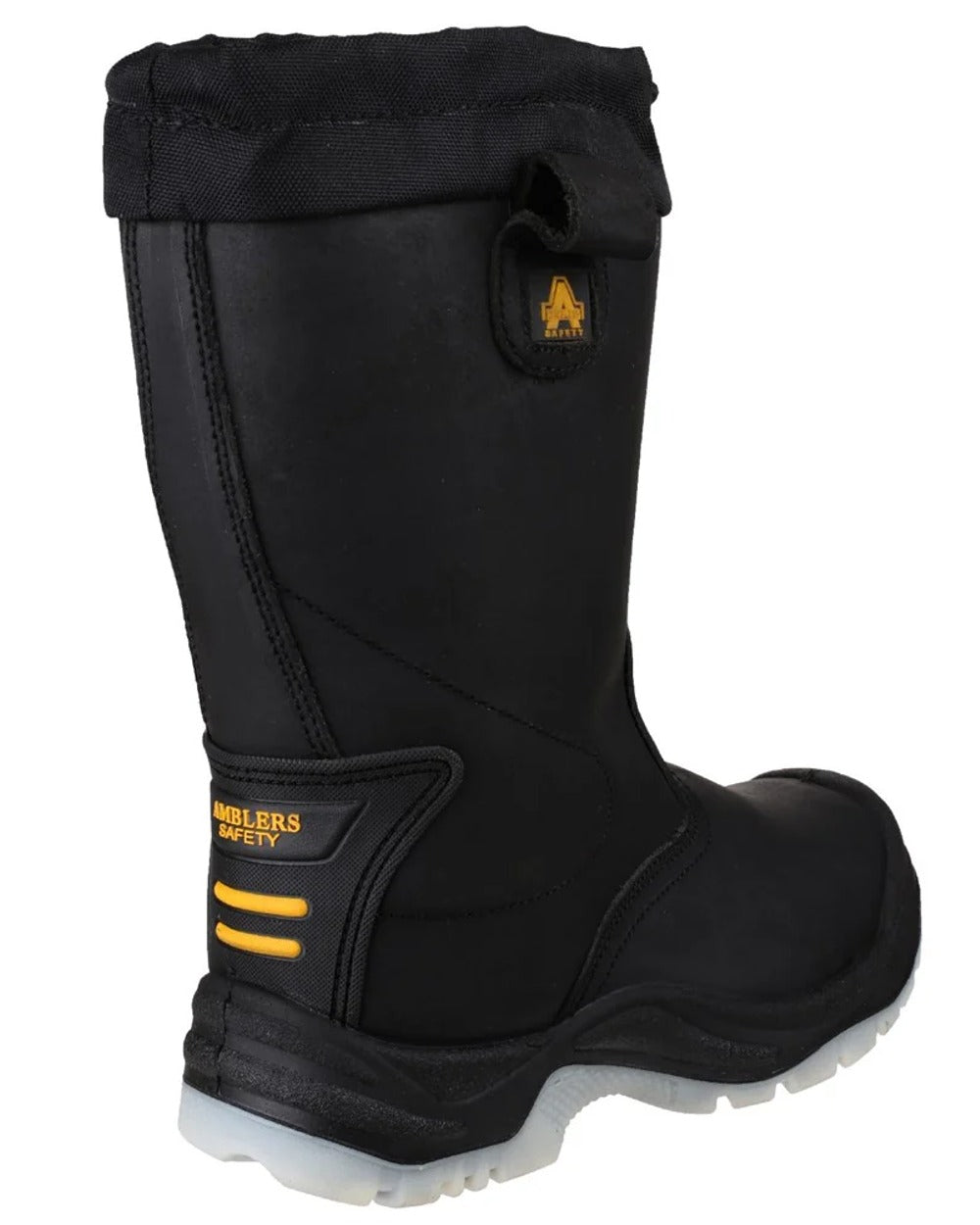 Black coloured Amblers Safety Mens FS209 Water Resistant S3 SRC Safety Rigger Boots on white background