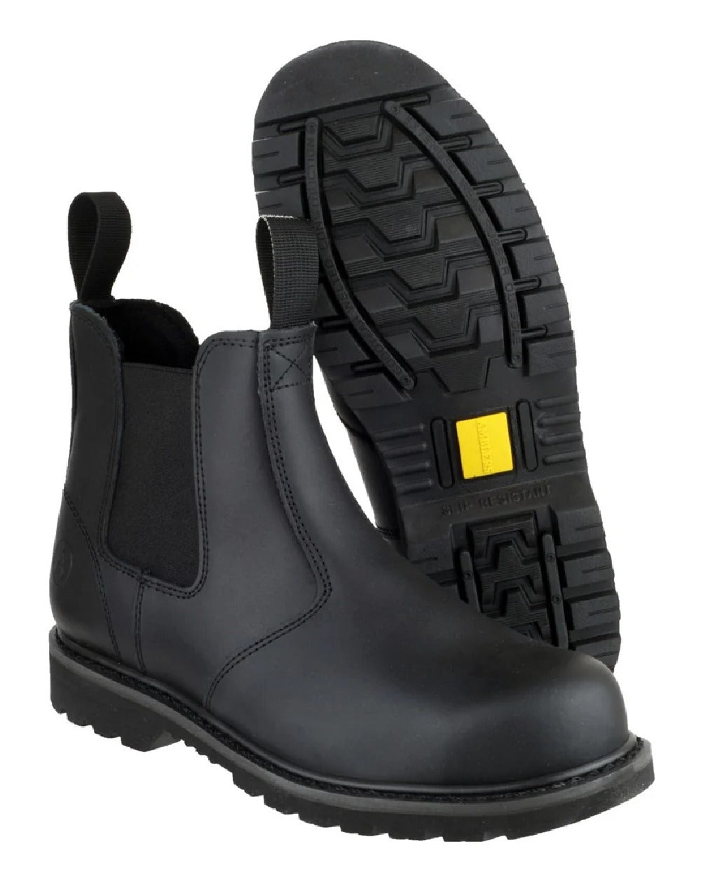 Black Coloured Amblers Safety Mens FS5 Goodyear Welted SRA Safety Dealer Boots on white background