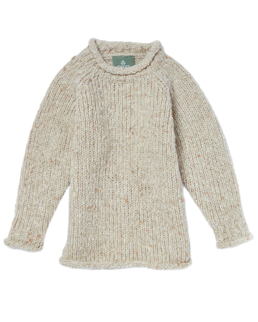 Cream Coloured Aran Childrens Roll Neck Raglan Crew Sweater on white background