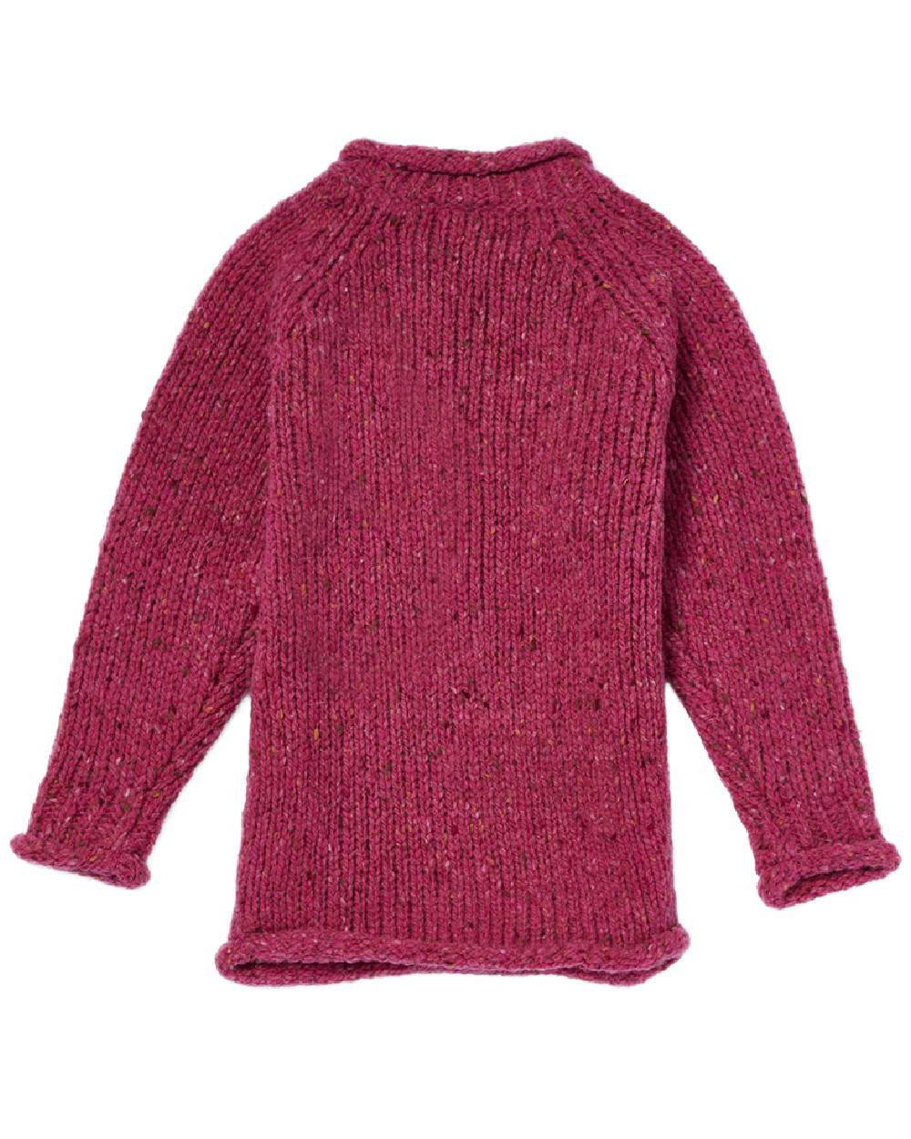 Pink Coloured Aran Childrens Roll Neck Raglan Crew Sweater on white background