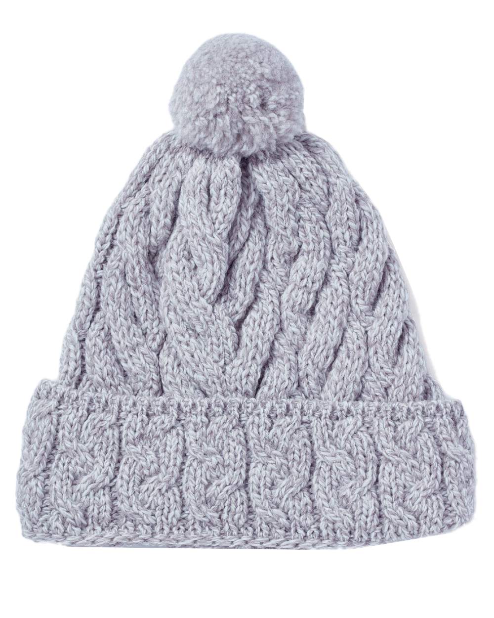 Beige Coloured Aran Chunky Knit Bobble Hat on white background