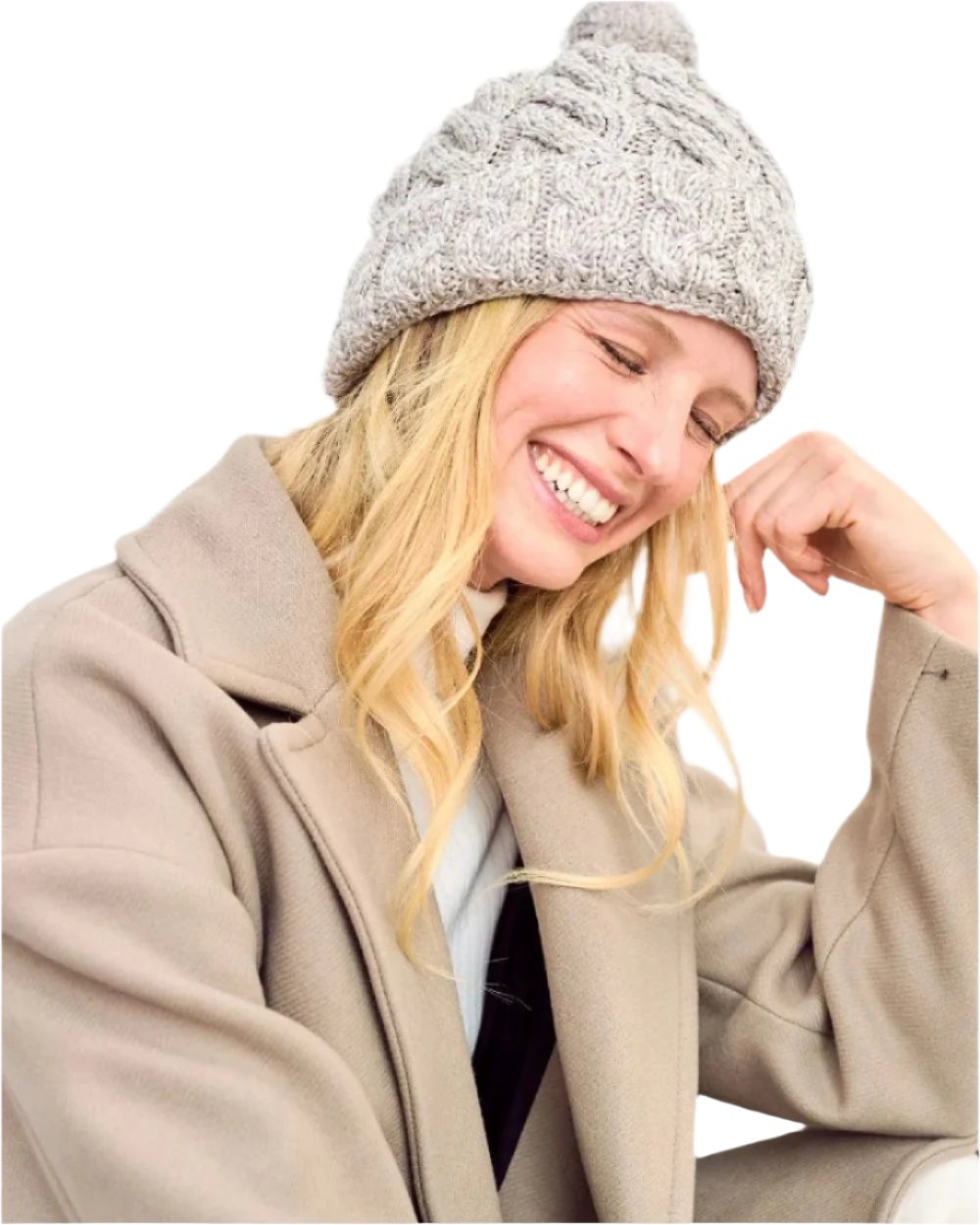 Beige Coloured Aran Chunky Knit Bobble Hat on white background