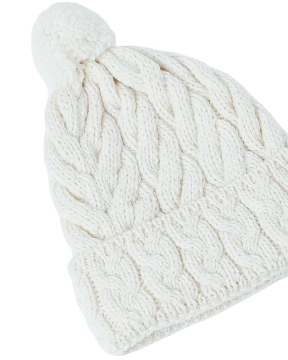Cream Coloured Aran Chunky Knit Bobble Hat on white background