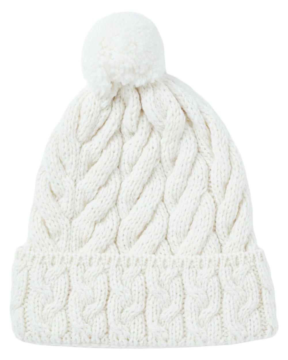Cream Coloured Aran Chunky Knit Bobble Hat on white background