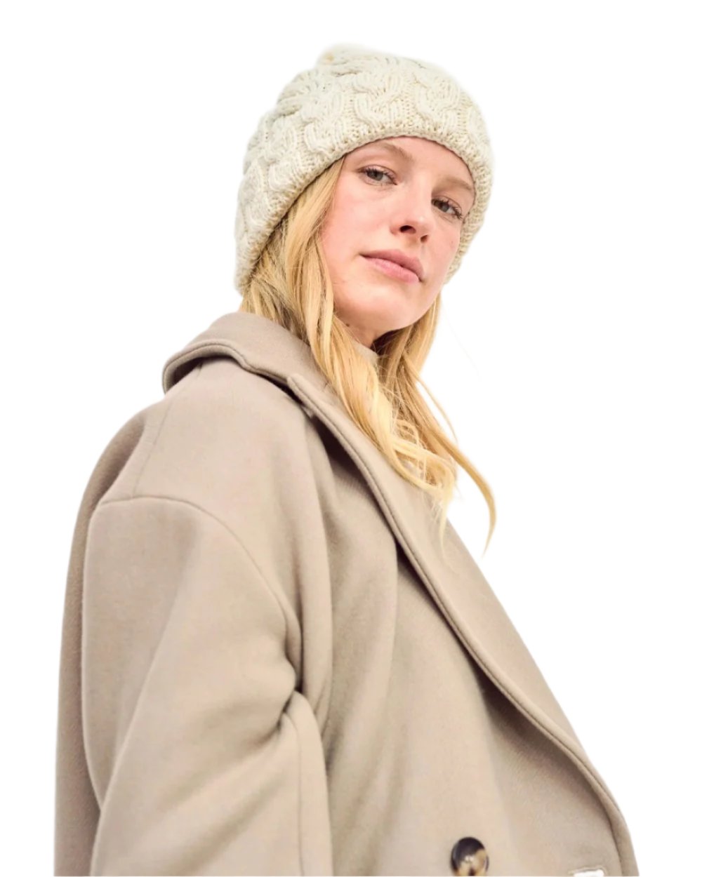 Cream Coloured Aran Chunky Knit Bobble Hat on white background
