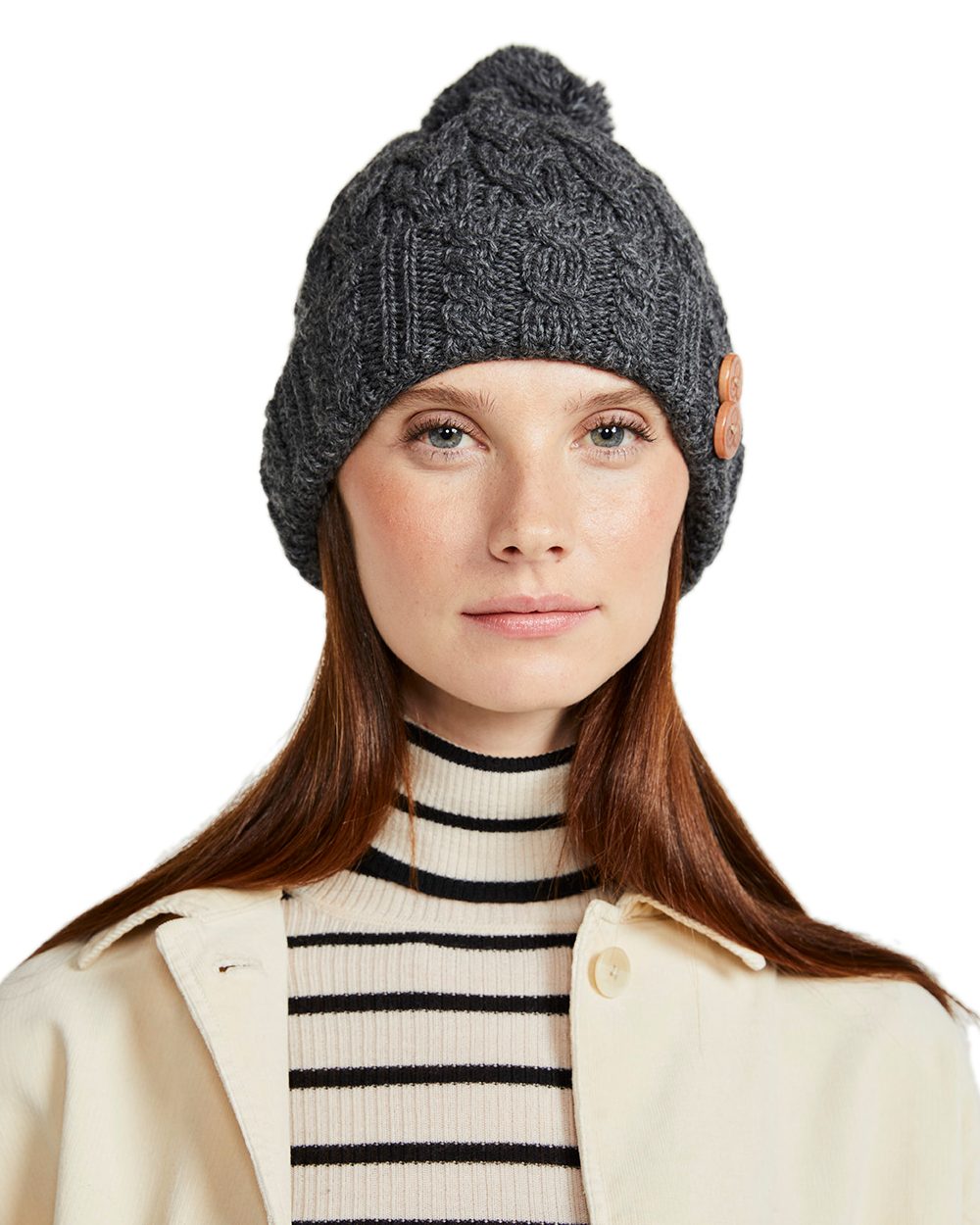 Grey Coloured Aran Chunky Knit Button Bobble Hat on white background
